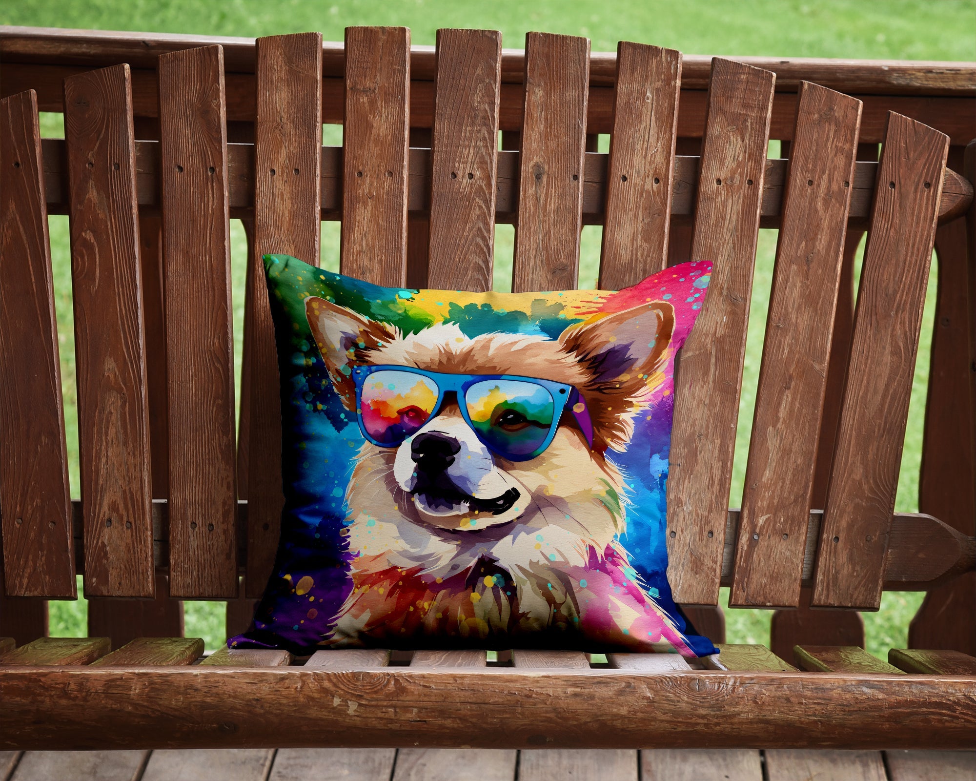 Pomeranian Hippie Dawg Decorative Throw Pillow 14x14 Indoor Outdoor Accent Cushion, Fabric Cover with Insert for Sofa, Bed, Porch & Living Room