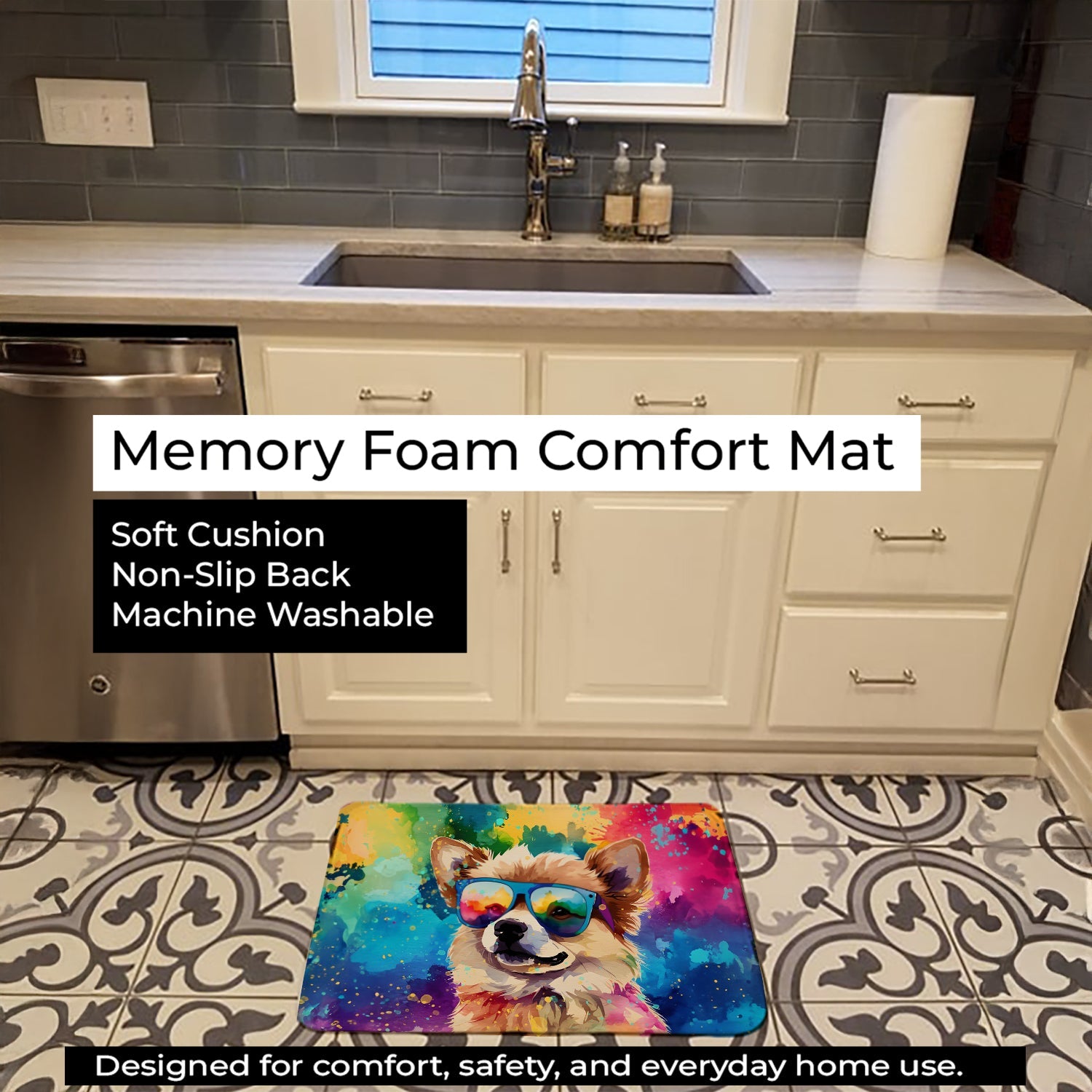 Pomeranian Hippie Dawg Memory Foam Kitchen Mat Machine Washable Anti-Fatigue Cushion Comfort Bath or Kitchen Rug