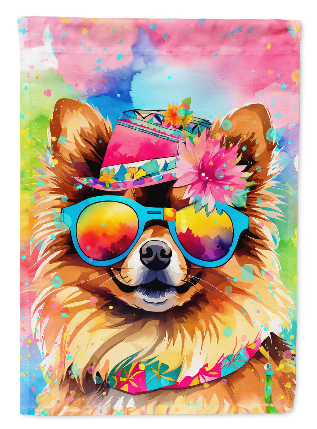 Pomeranian Hippie Dawg House Flag 28x40 Porch Sleeve Pole Decorative Outside Yard Banner Artwork Wall Hanging, Polyester