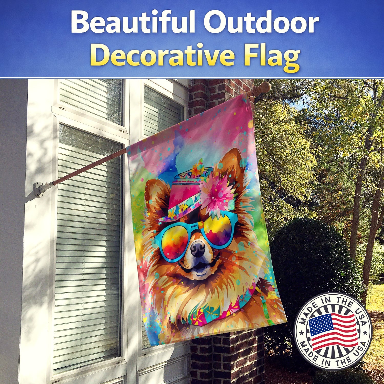 Pomeranian Hippie Dawg House Flag 28x40 Porch Sleeve Pole Decorative Outside Yard Banner Artwork Wall Hanging, Polyester