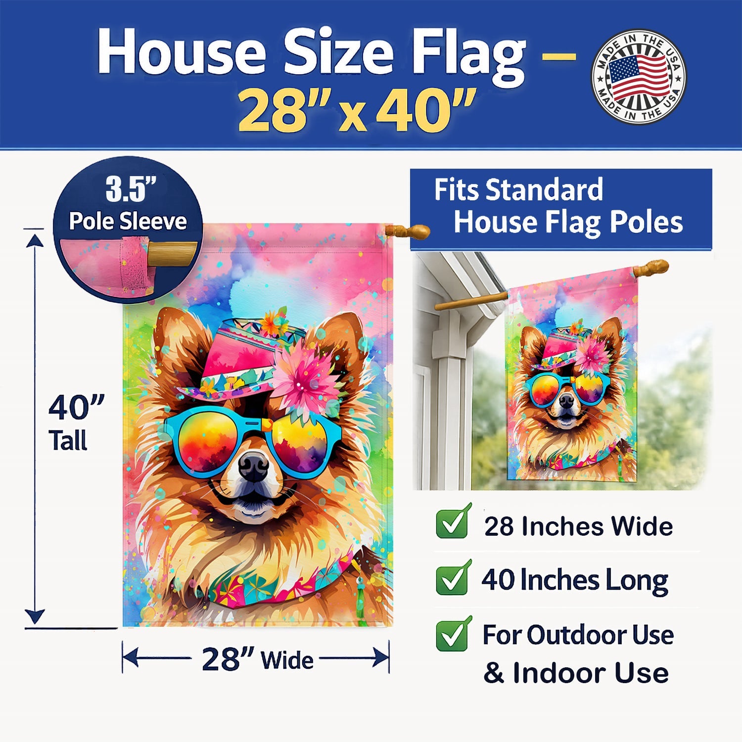 Pomeranian Hippie Dawg House Flag 28x40 Porch Sleeve Pole Decorative Outside Yard Banner Artwork Wall Hanging, Polyester