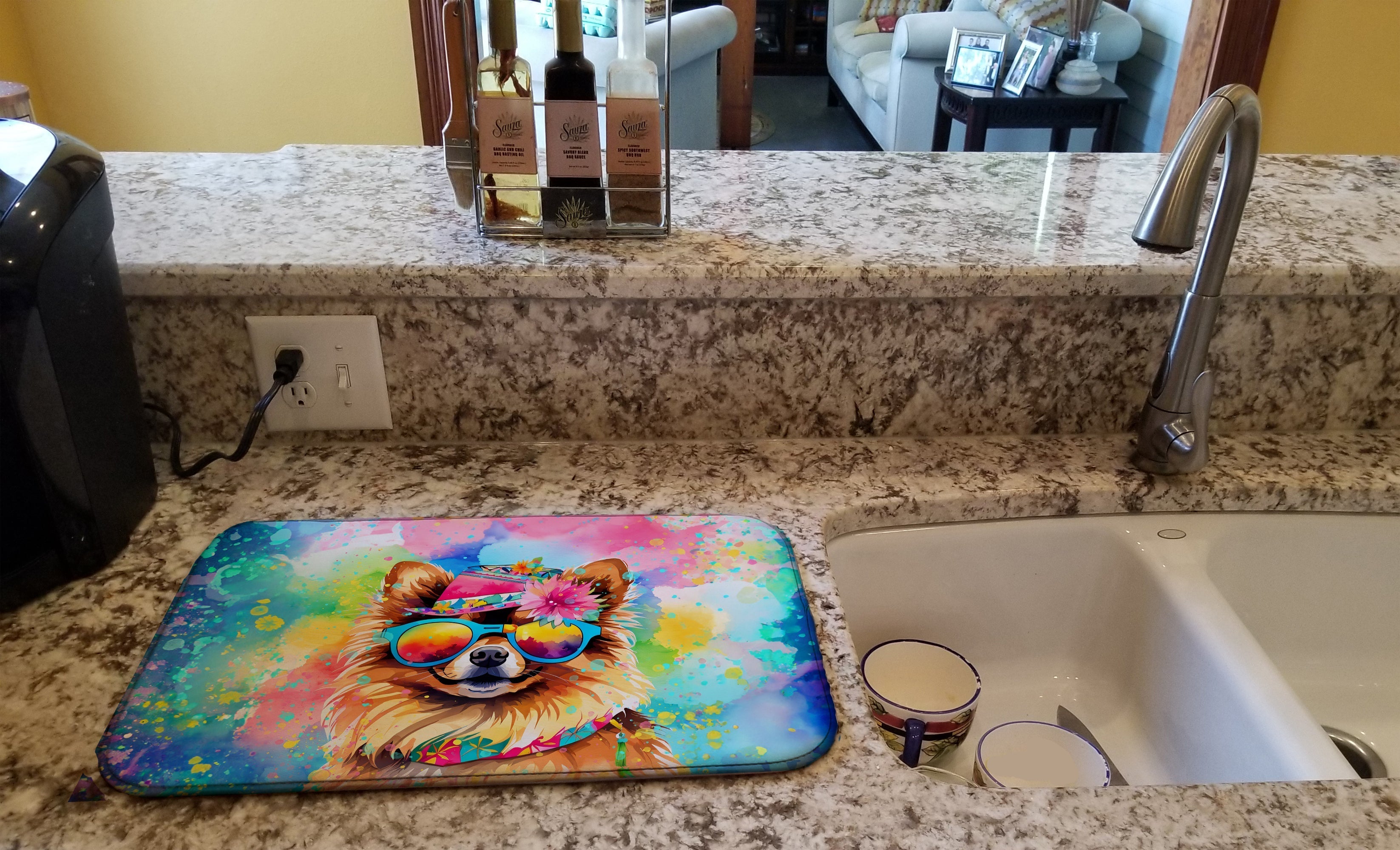 Pomeranian Hippie Dawg Dish Drying Mat Absorbent Dish Drying Mat Pad for Kitchen Counter Dish Drainer Mat for Countertop, 14 x 21", Multicolor