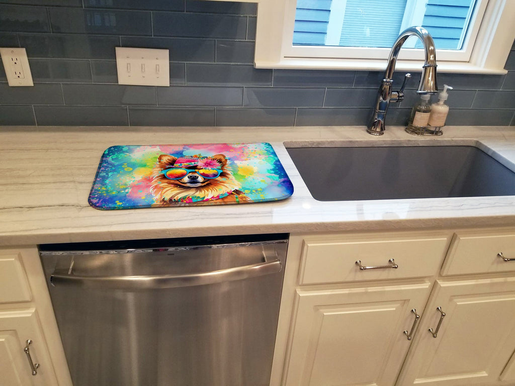Pomeranian Hippie Dawg Dish Drying Mat Absorbent Dish Drying Mat Pad for Kitchen Counter Dish Drainer Mat for Countertop, 14 x 21", Multicolor