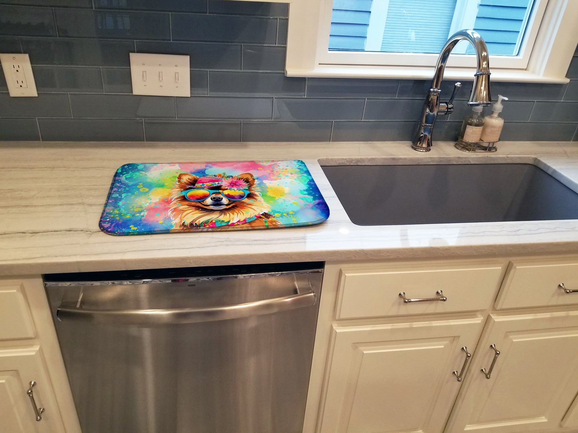 Pomeranian Hippie Dawg Dish Drying Mat Absorbent Dish Drying Mat Pad for Kitchen Counter Dish Drainer Mat for Countertop, 14 x 21", Multicolor