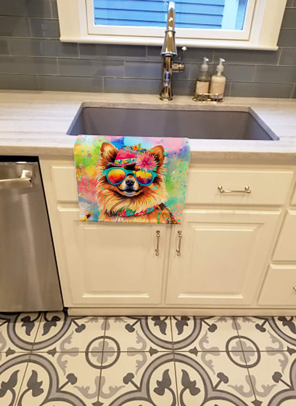 Pomeranian Hippie Dawg Kitchen Towel Velour Plush Front and Cotton Loop Back Machine Washable