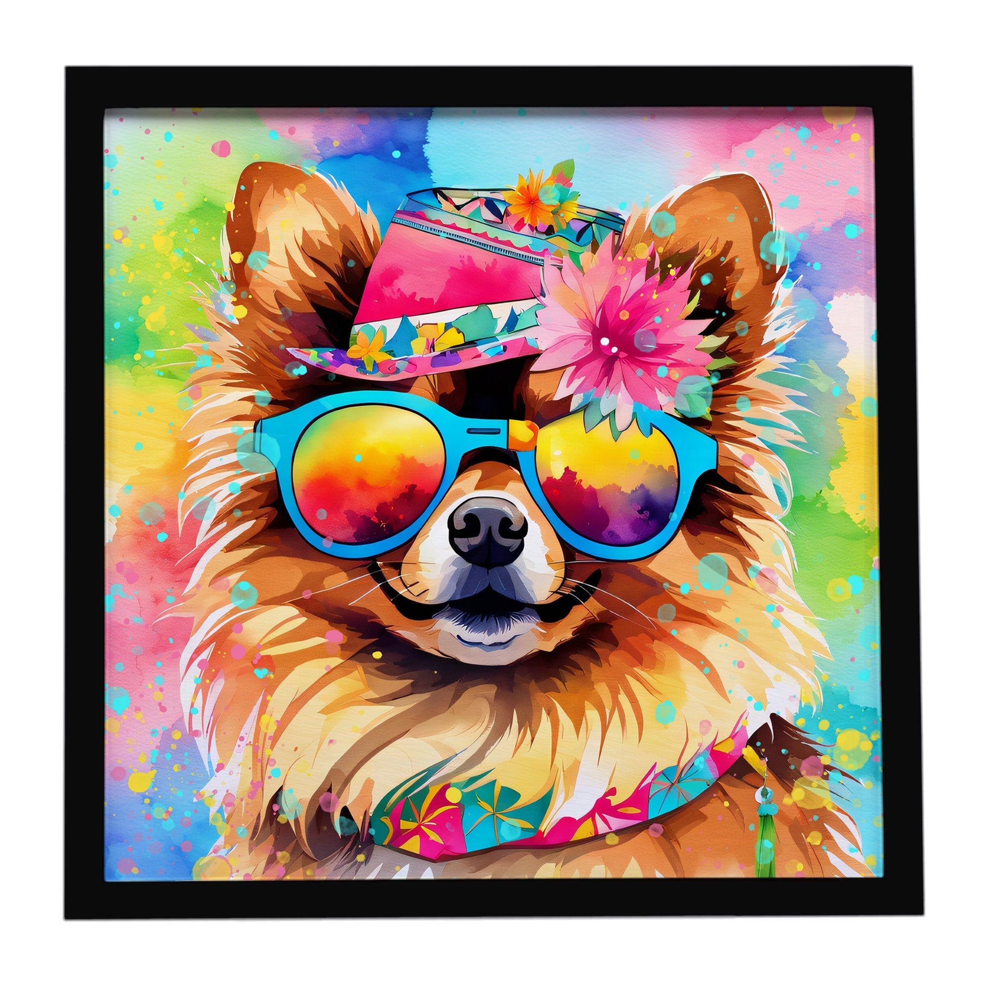 Pomeranian Hippie Dawg Framed Metal Print Bathroom, Kitchen, Office, Home Decor Wall Art Ready to Hang, Square, 8X8