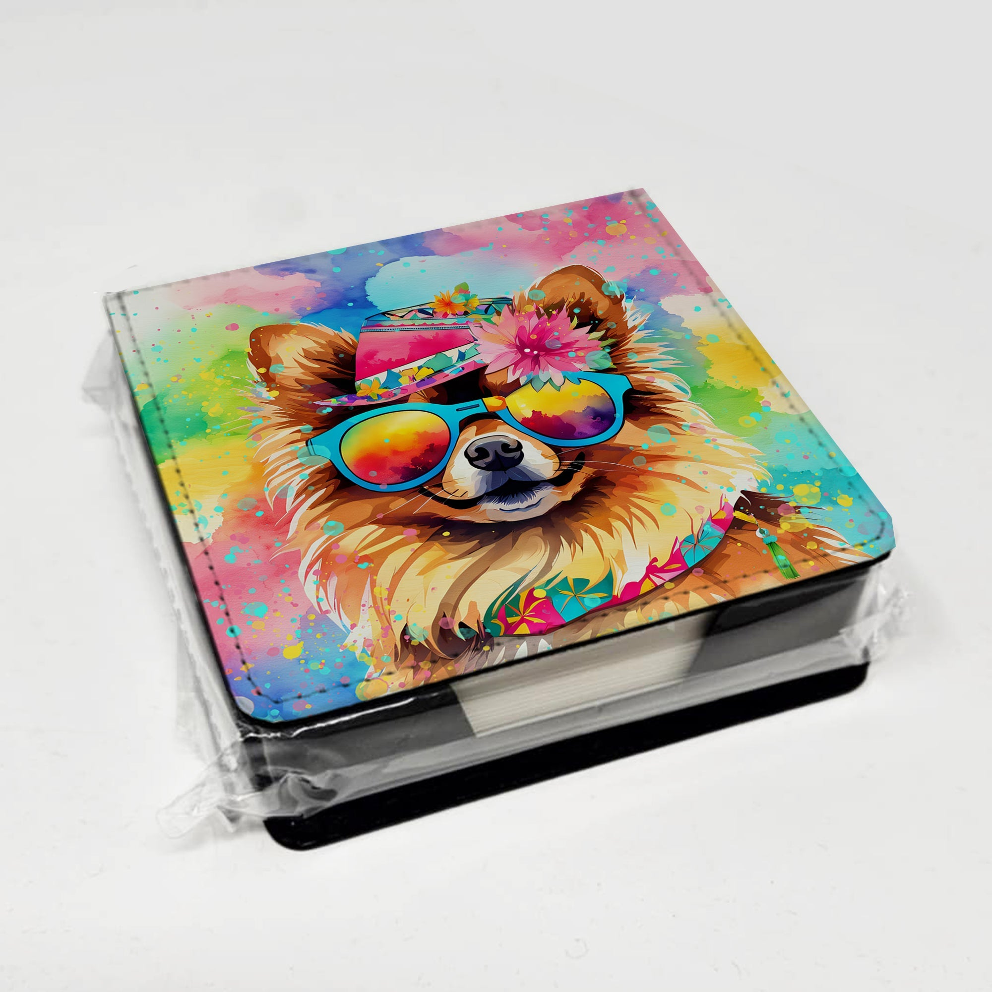 Pomeranian Hippie Dawg PU Leather Note Paper Holder with Artist-Designed Cover, Desk Accessory, Office Gift