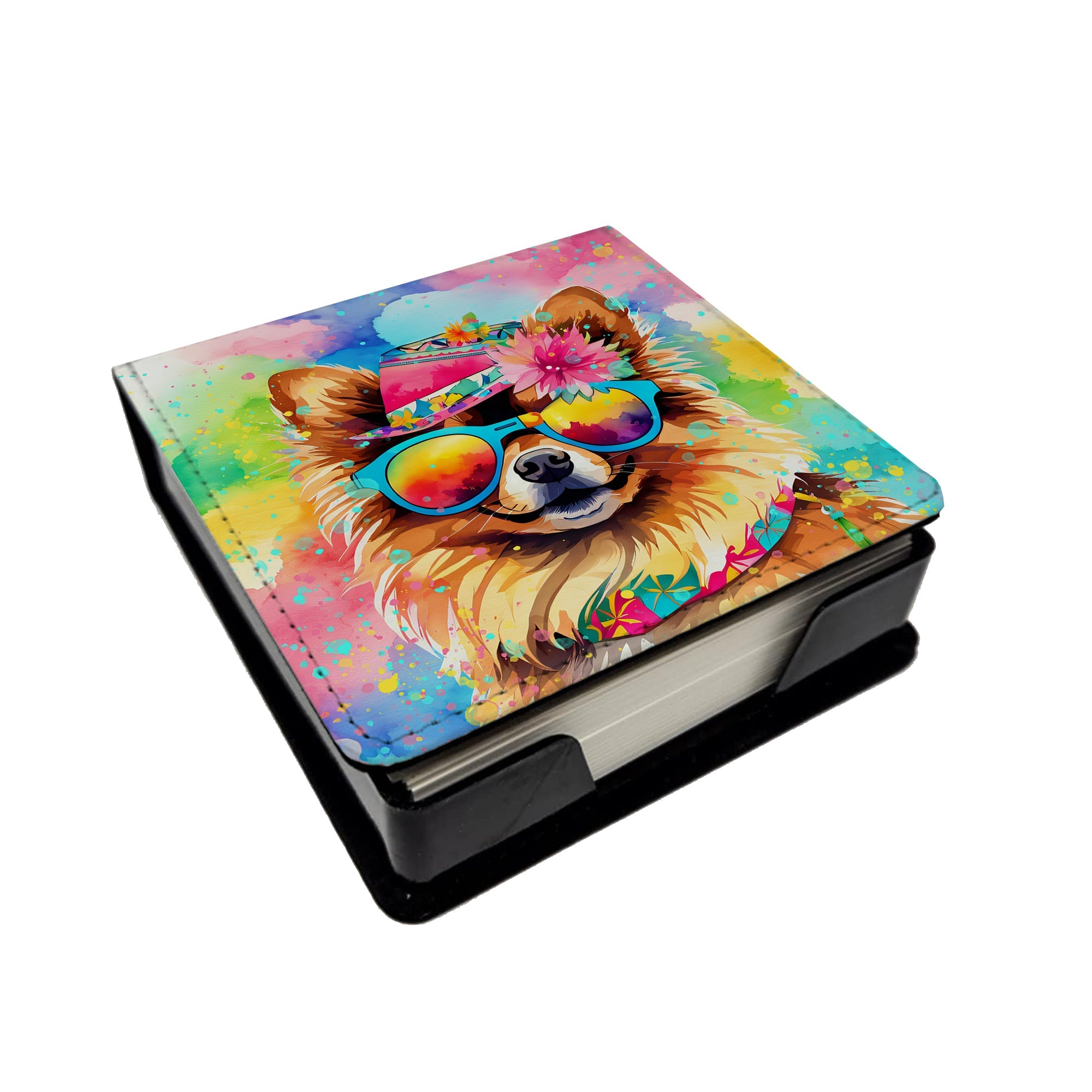Pomeranian Hippie Dawg PU Leather Note Paper Holder with Artist-Designed Cover, Desk Accessory, Office Gift