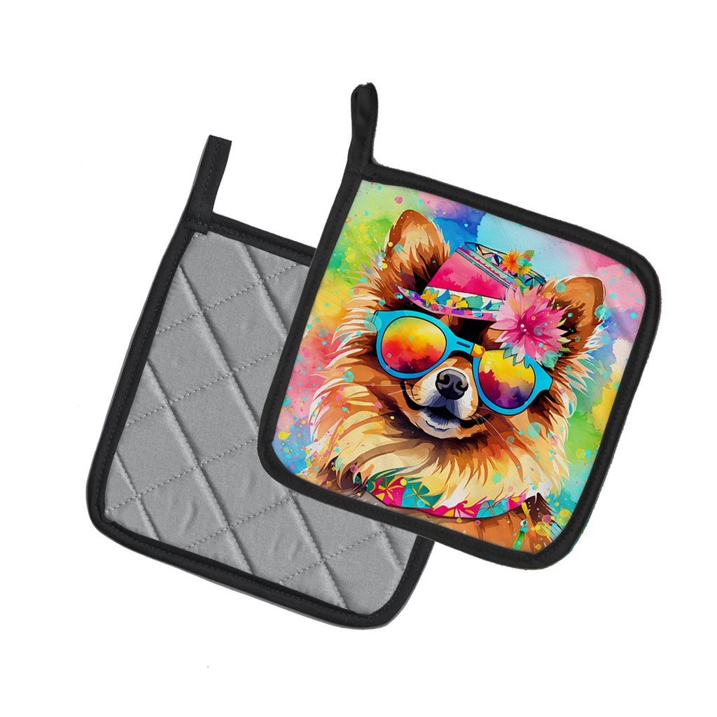 Pomeranian Hippie Dawg Pot Holder Set of 2 Heat Resistant Quilted Hot Pads 7.5 x 7.5 Inch, Insulated Kitchen Trivets for Cooking & Baking