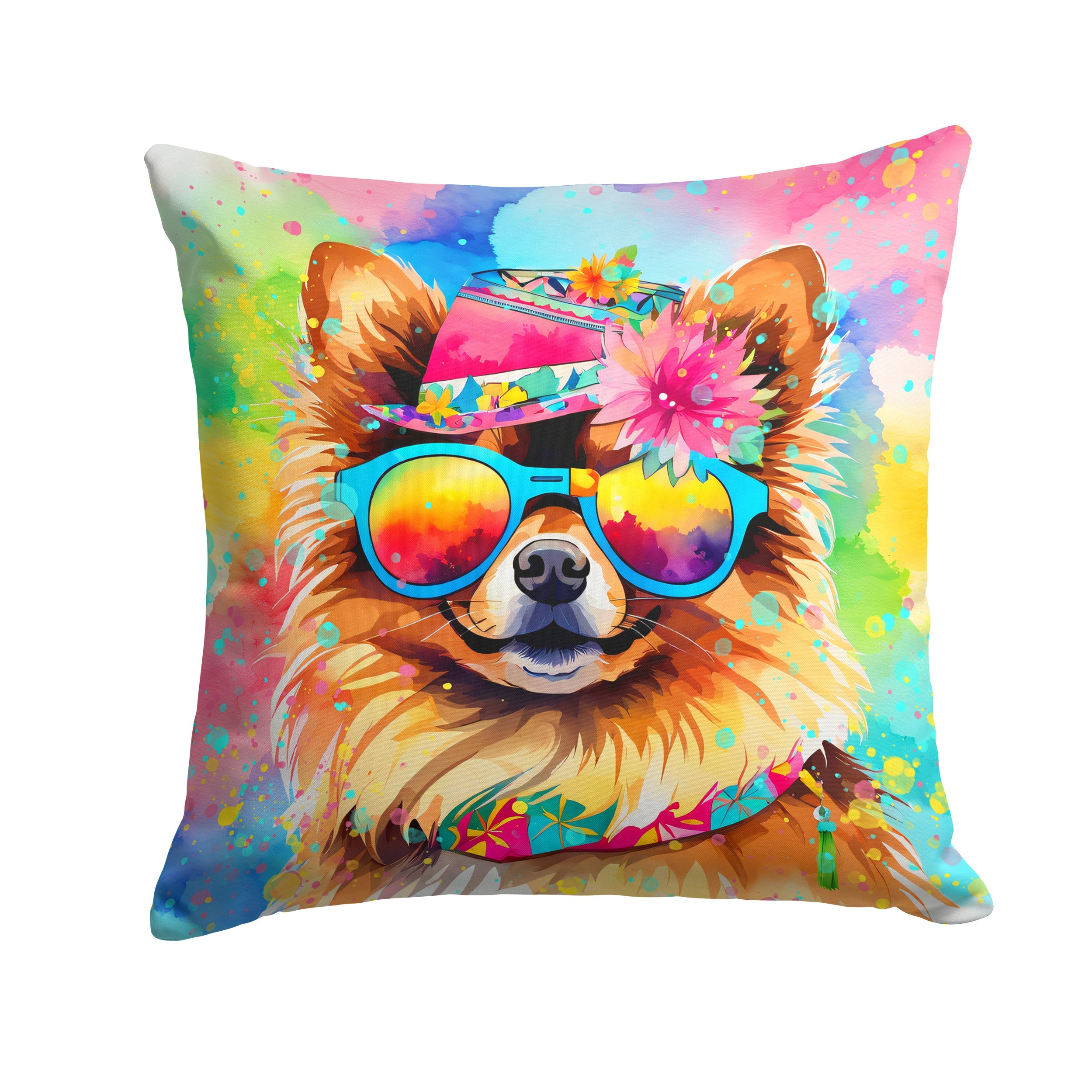 Pomeranian Hippie Dawg Decorative Throw Pillow 14x14 Indoor Outdoor Accent Cushion, Fabric Cover with Insert for Sofa, Bed, Porch & Living Room