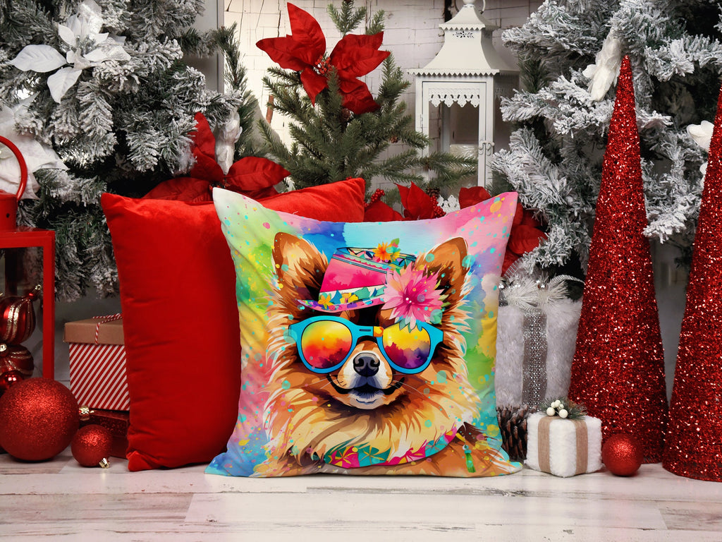 Pomeranian Hippie Dawg Decorative Throw Pillow 14x14 Indoor Outdoor Accent Cushion, Fabric Cover with Insert for Sofa, Bed, Porch & Living Room