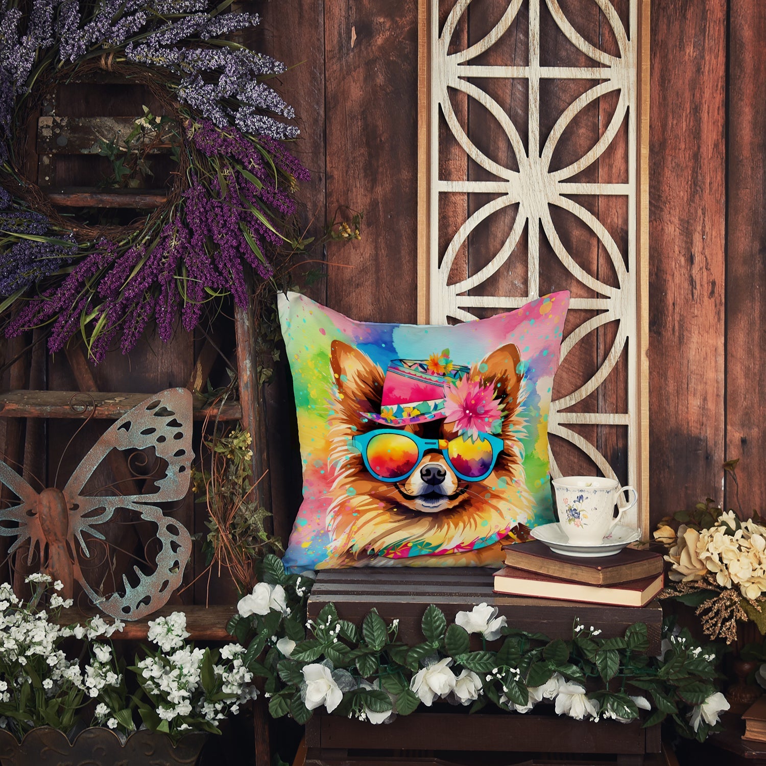 Pomeranian Hippie Dawg Decorative Throw Pillow 14x14 Indoor Outdoor Accent Cushion, Fabric Cover with Insert for Sofa, Bed, Porch & Living Room