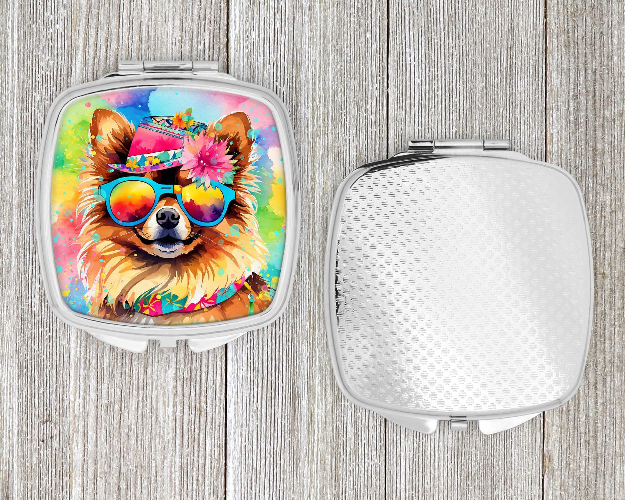 Pomeranian Hippie Dawg Compact Mirror Decorative Travel Makeup Mirror for Women Girls Gifts Pocket Makeup Mirror Folding Handheld