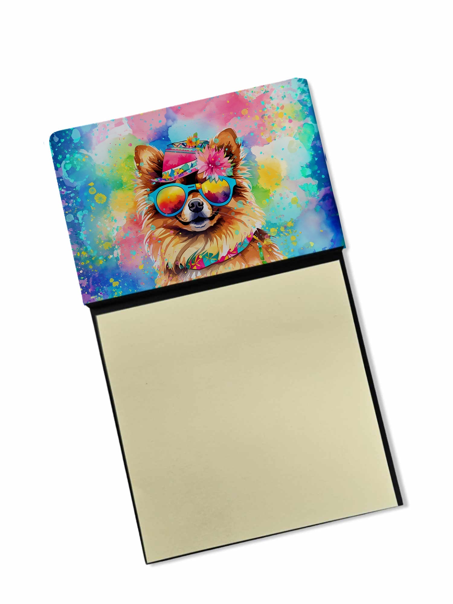 Pomeranian Hippie Dawg Watercolor Sticky Note Holder Refillable Dispenser Desk Accessory 3x3 Pad Gift