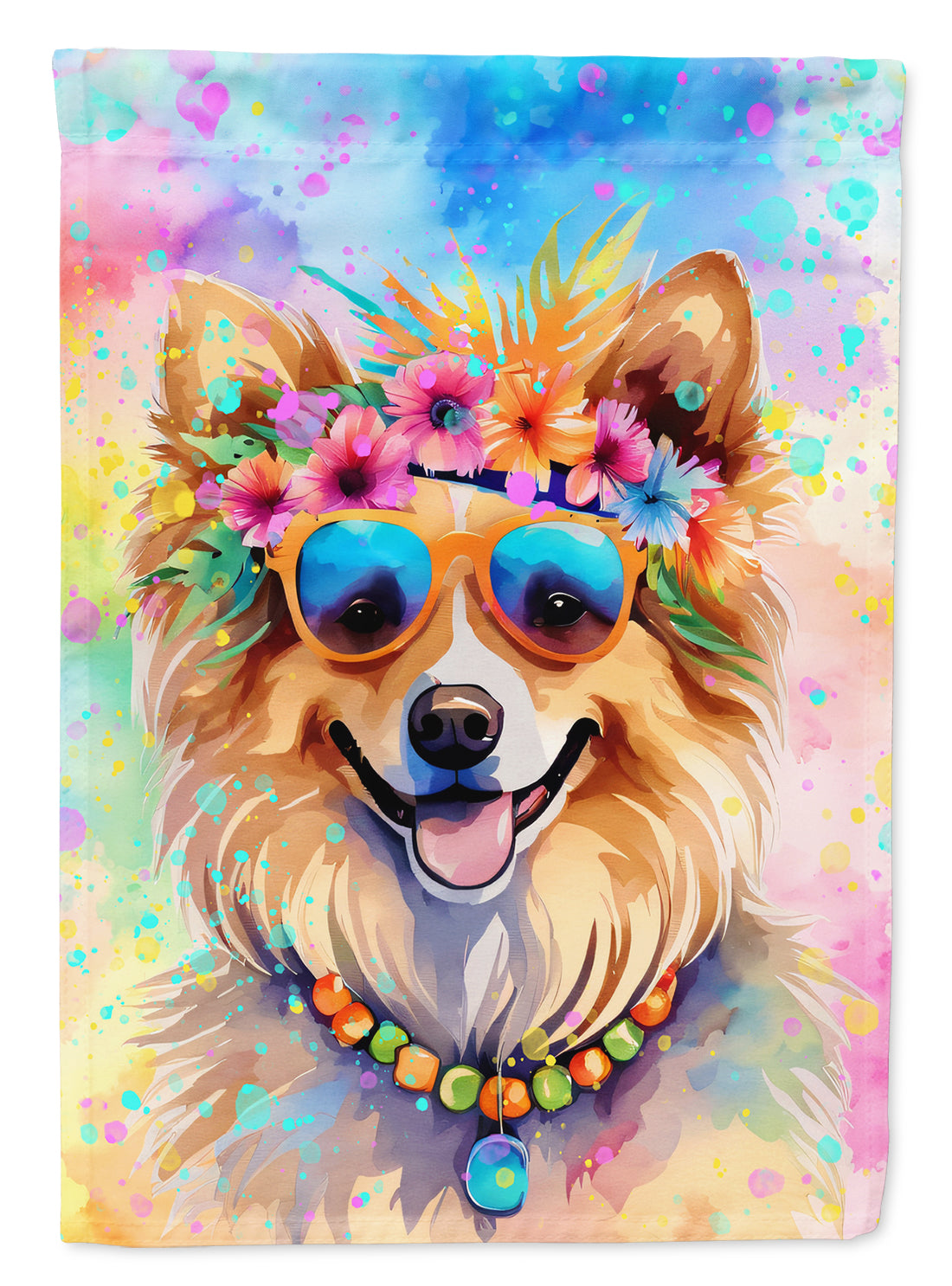 Pomeranian Hippie Dawg House Flag 28x40 Porch Sleeve Pole Decorative Outside Yard Banner Artwork Wall Hanging, Polyester