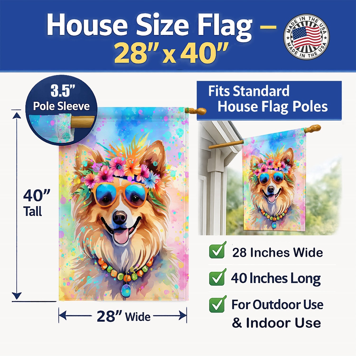 Pomeranian Hippie Dawg House Flag 28x40 Porch Sleeve Pole Decorative Outside Yard Banner Artwork Wall Hanging, Polyester