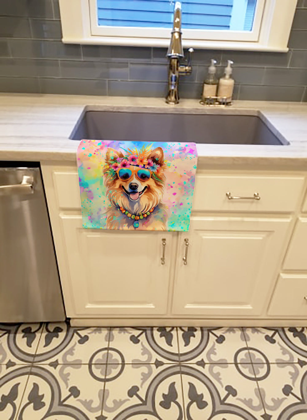 Pomeranian Hippie Dawg Kitchen Towel Velour Plush Front and Cotton Loop Back Machine Washable