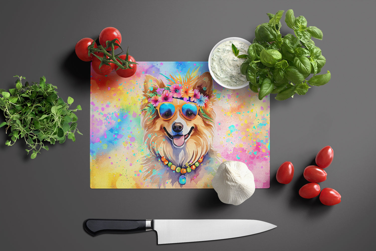 Pomeranian Hippie Dawg Cutting Board Tempered Glass Kitchen Cutting Surface, Heat Resistant Chopping, Non-Slip Feet, Food Prep & Serving