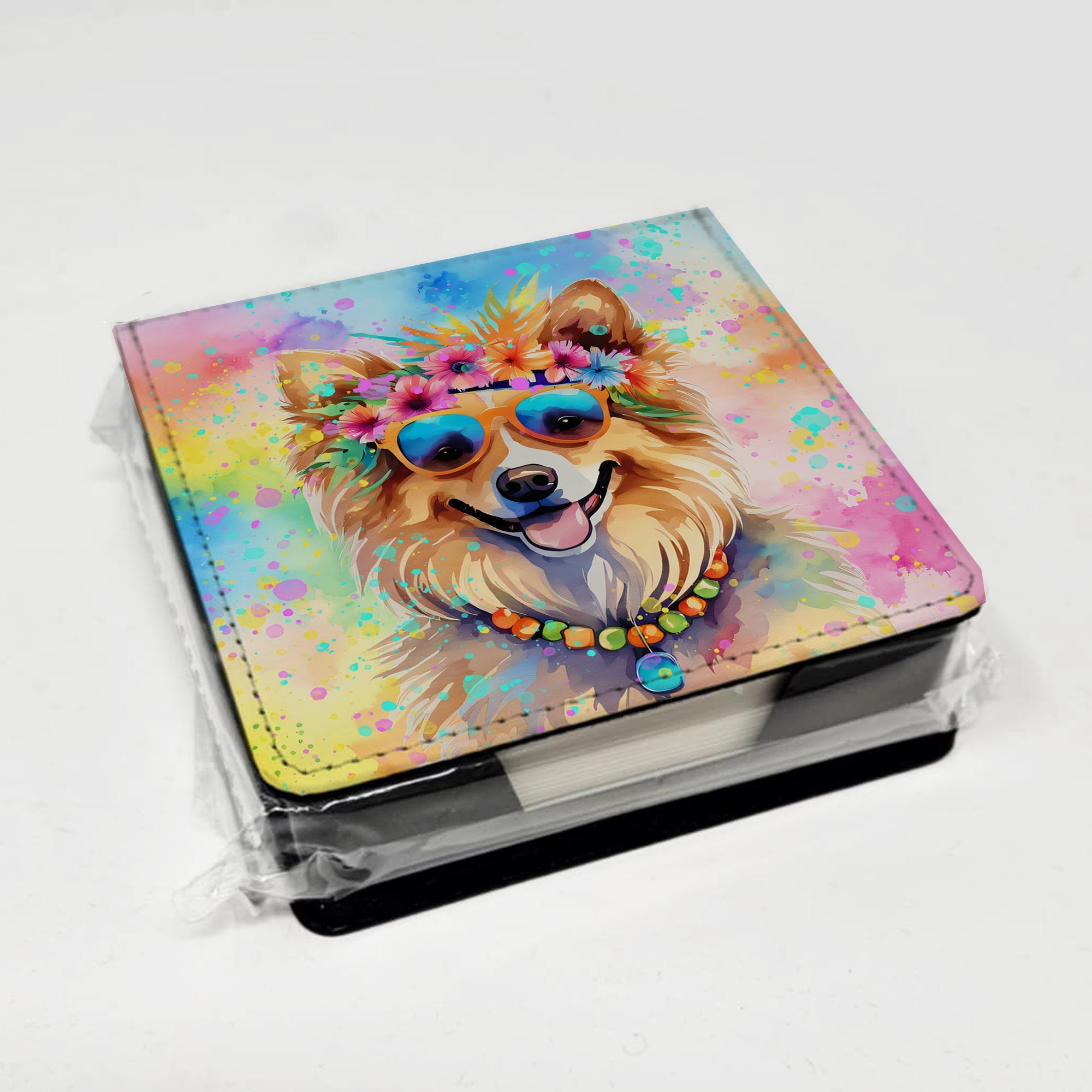 Pomeranian Hippie Dawg PU Leather Note Paper Holder with Artist-Designed Cover, Desk Accessory, Office Gift