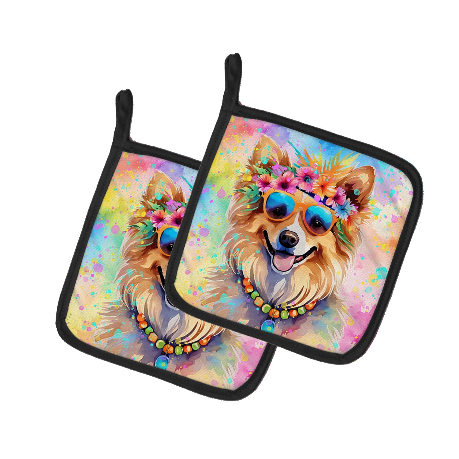 Pomeranian Hippie Dawg Pot Holder Set of 2 Heat Resistant Quilted Hot Pads 7.5 x 7.5 Inch, Insulated Kitchen Trivets for Cooking & Baking