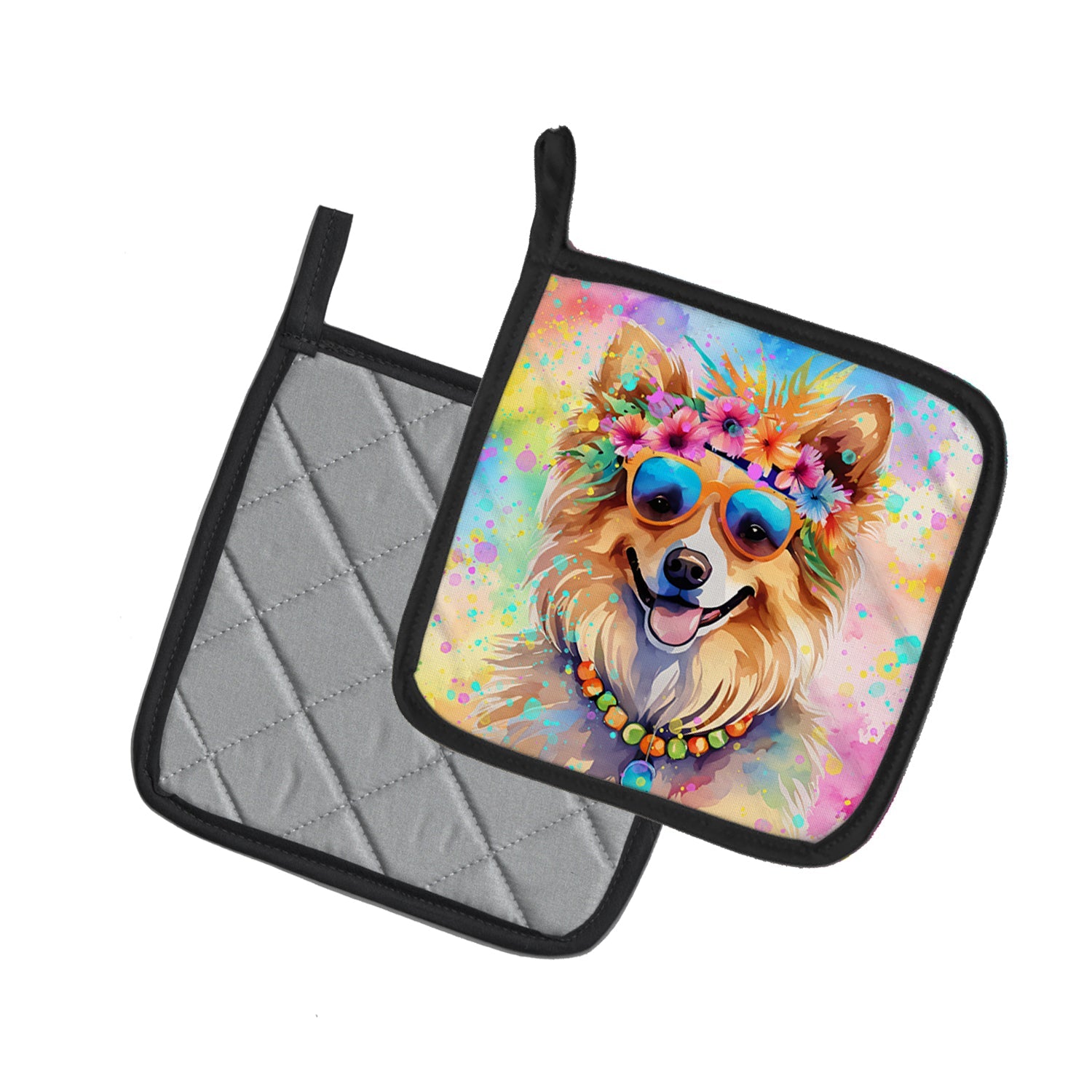 Pomeranian Hippie Dawg Pot Holder Set of 2 Heat Resistant Quilted Hot Pads 7.5 x 7.5 Inch, Insulated Kitchen Trivets for Cooking & Baking