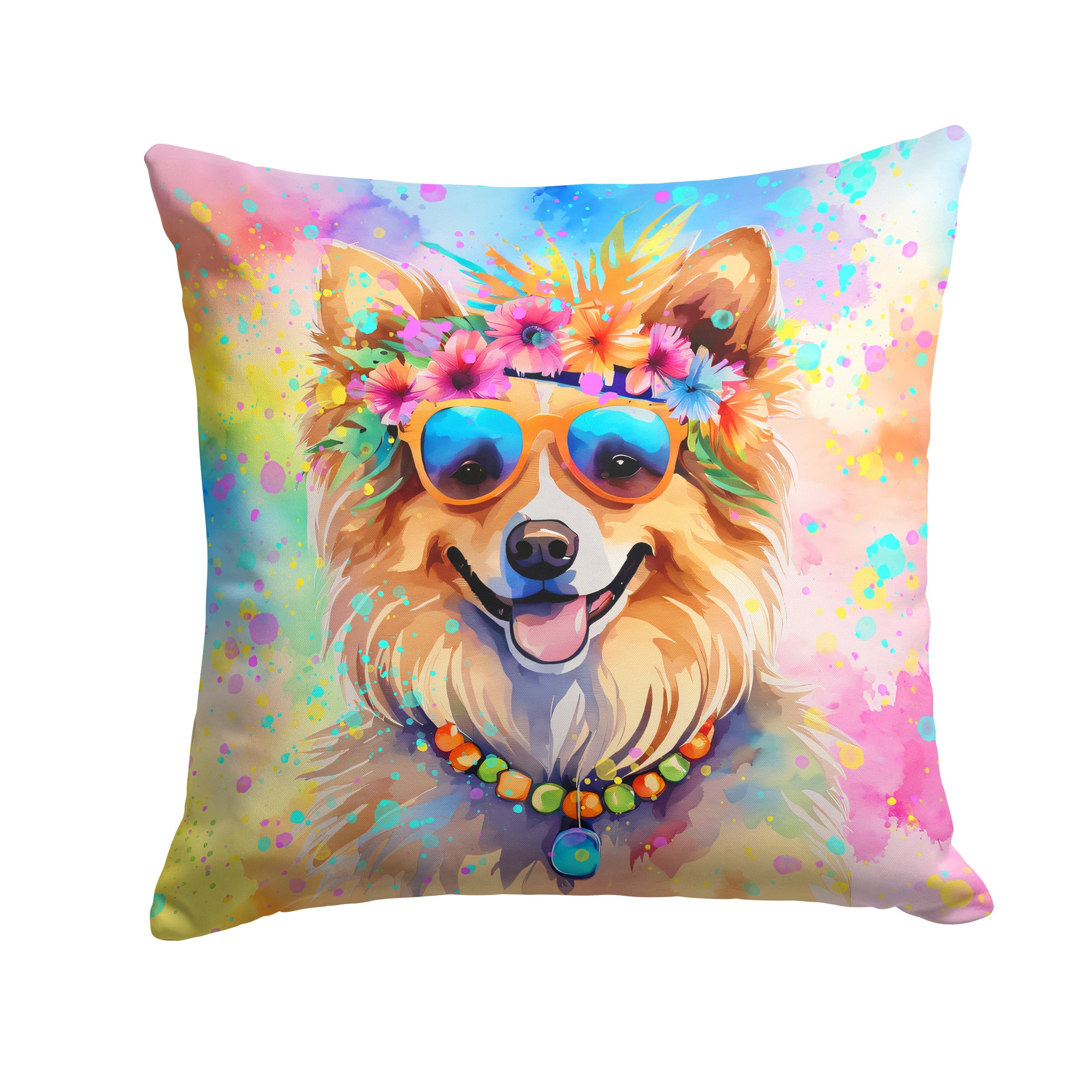 Pomeranian Hippie Dawg Decorative Throw Pillow 14x14 Indoor Outdoor Accent Cushion, Fabric Cover with Insert for Sofa, Bed, Porch & Living Room