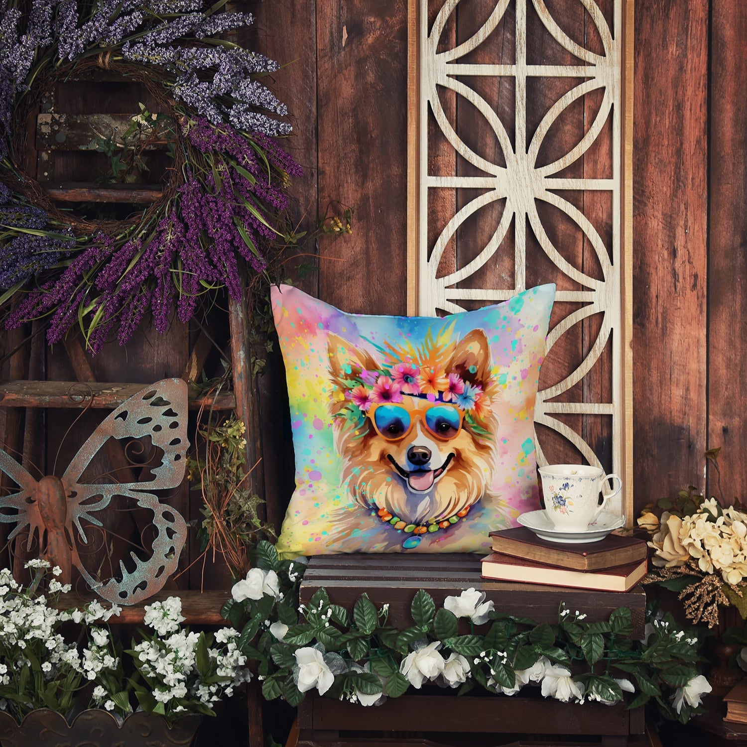 Pomeranian Hippie Dawg Decorative Throw Pillow 14x14 Indoor Outdoor Accent Cushion, Fabric Cover with Insert for Sofa, Bed, Porch & Living Room