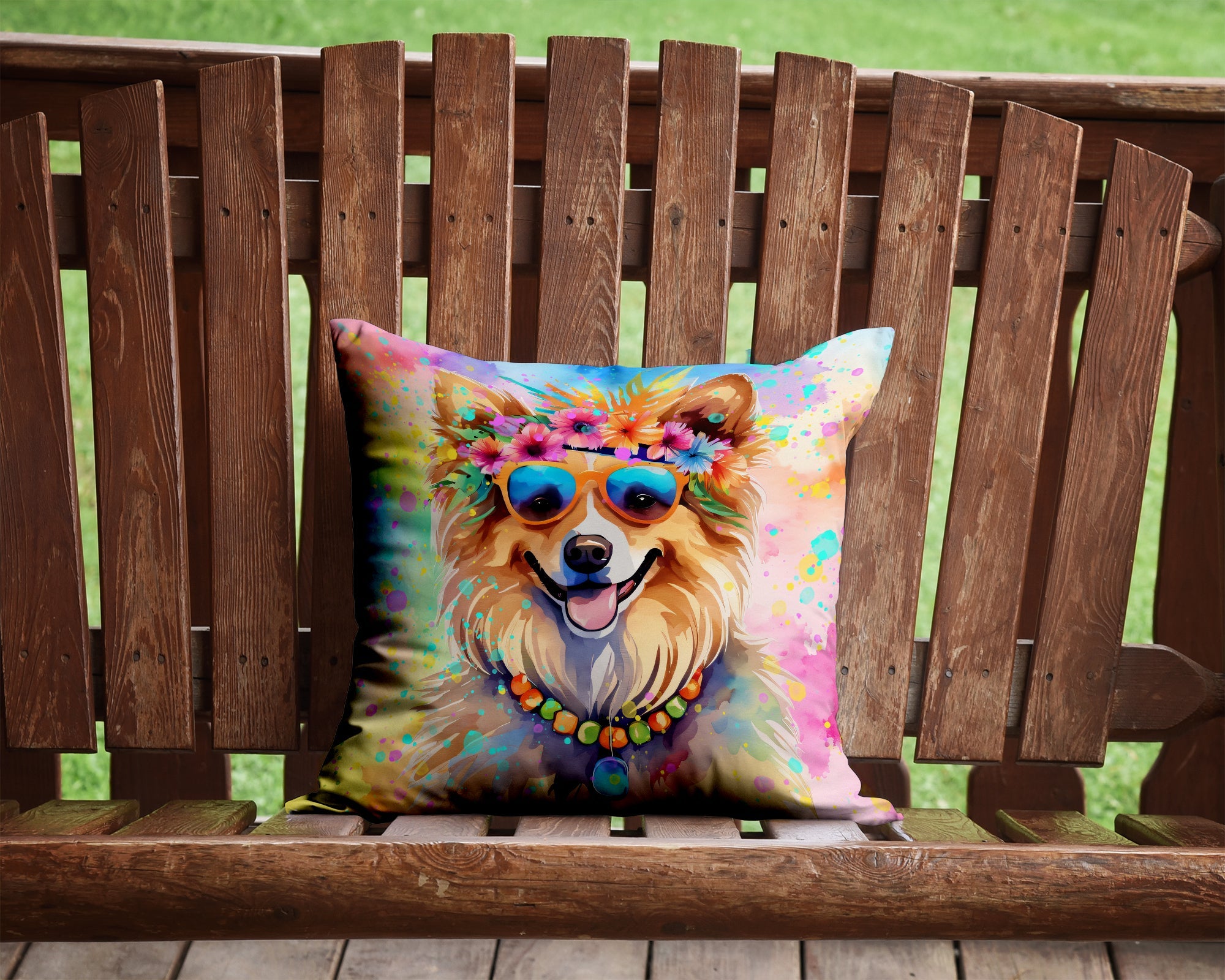 Pomeranian Hippie Dawg Decorative Throw Pillow 14x14 Indoor Outdoor Accent Cushion, Fabric Cover with Insert for Sofa, Bed, Porch & Living Room