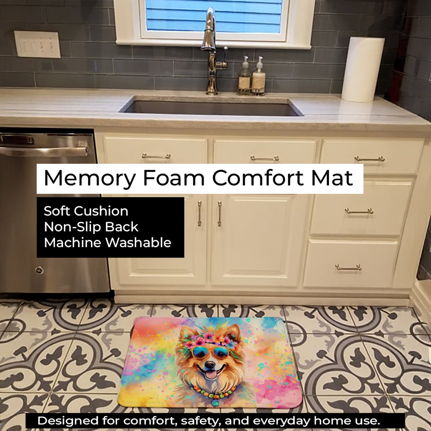 Pomeranian Hippie Dawg Memory Foam Kitchen Mat Machine Washable Anti-Fatigue Cushion Comfort Bath or Kitchen Rug