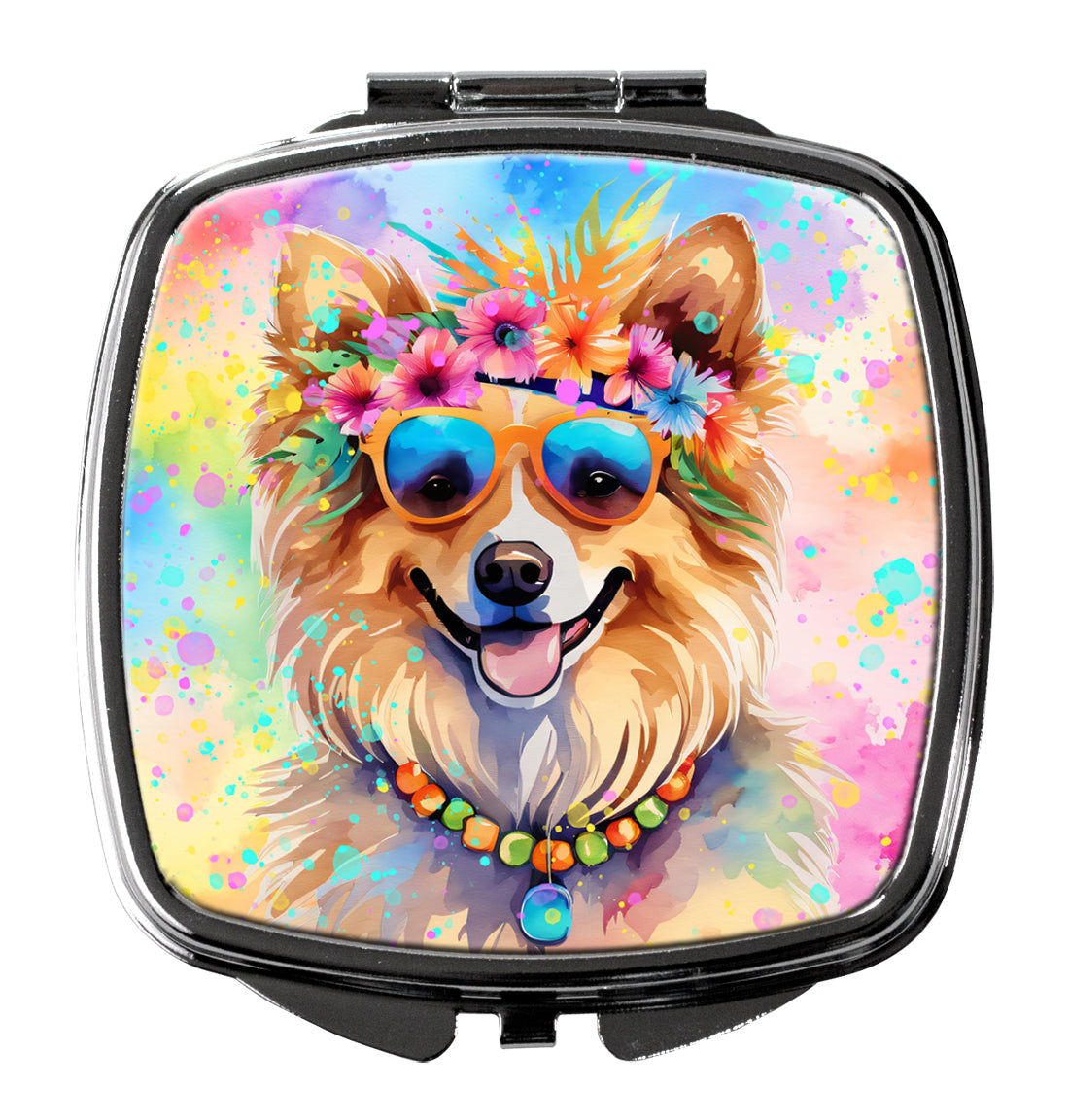 Pomeranian Hippie Dawg Compact Mirror Decorative Travel Makeup Mirror for Women Girls Gifts Pocket Makeup Mirror Folding Handheld