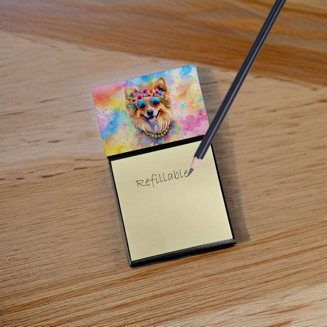 Pomeranian Hippie Dawg Watercolor Sticky Note Holder Refillable Dispenser Desk Accessory 3x3 Pad Gift