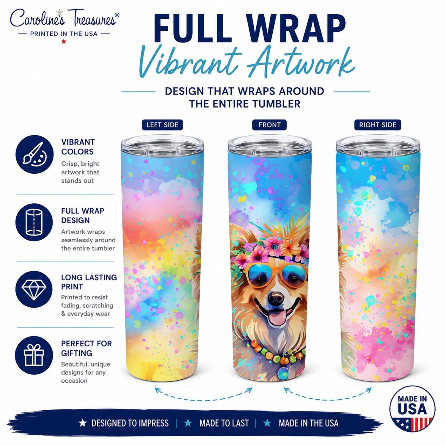 Pomeranian Hippie Dawg Stainless Steel Skinny Tumbler 20 oz Vacuum Double Walled Reusable Insulated Travel Cup