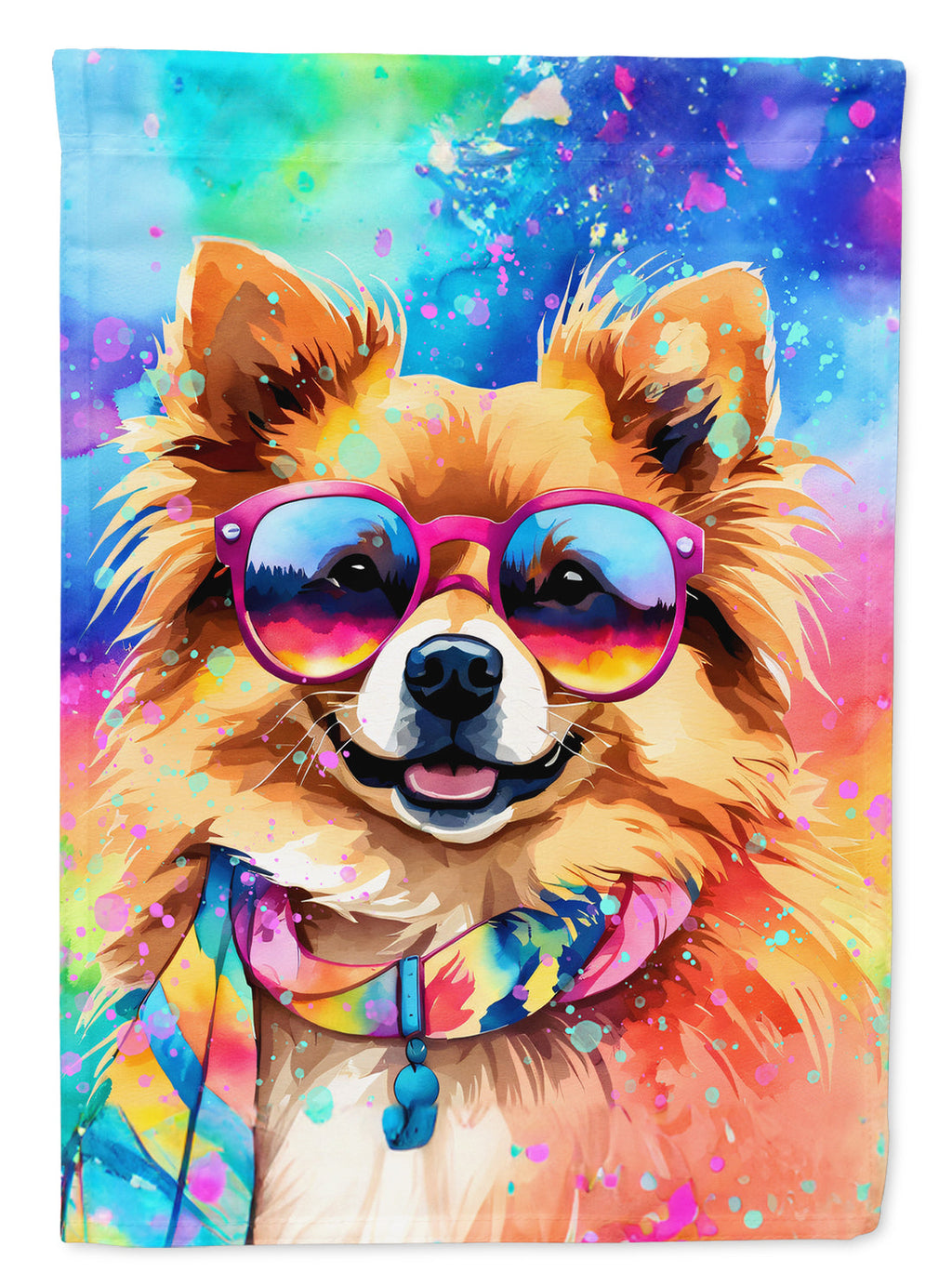Pomeranian Hippie Dawg House Flag 28x40 Porch Sleeve Pole Decorative Outside Yard Banner Artwork Wall Hanging, Polyester