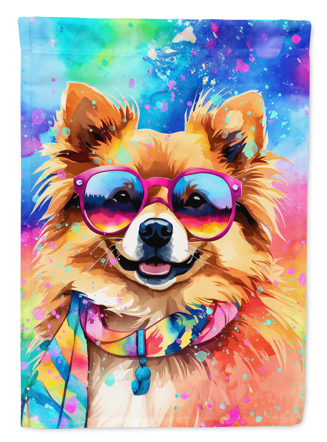 Pomeranian Hippie Dawg House Flag 28x40 Porch Sleeve Pole Decorative Outside Yard Banner Artwork Wall Hanging, Polyester