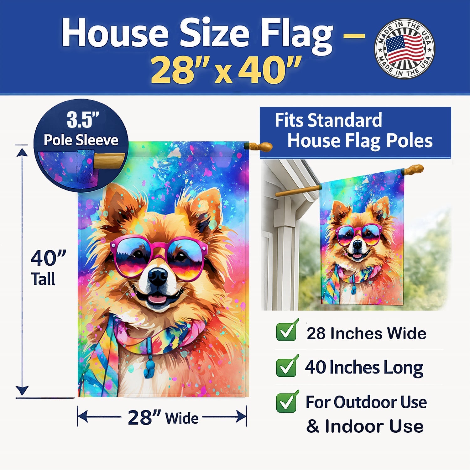 Pomeranian Hippie Dawg House Flag 28x40 Porch Sleeve Pole Decorative Outside Yard Banner Artwork Wall Hanging, Polyester