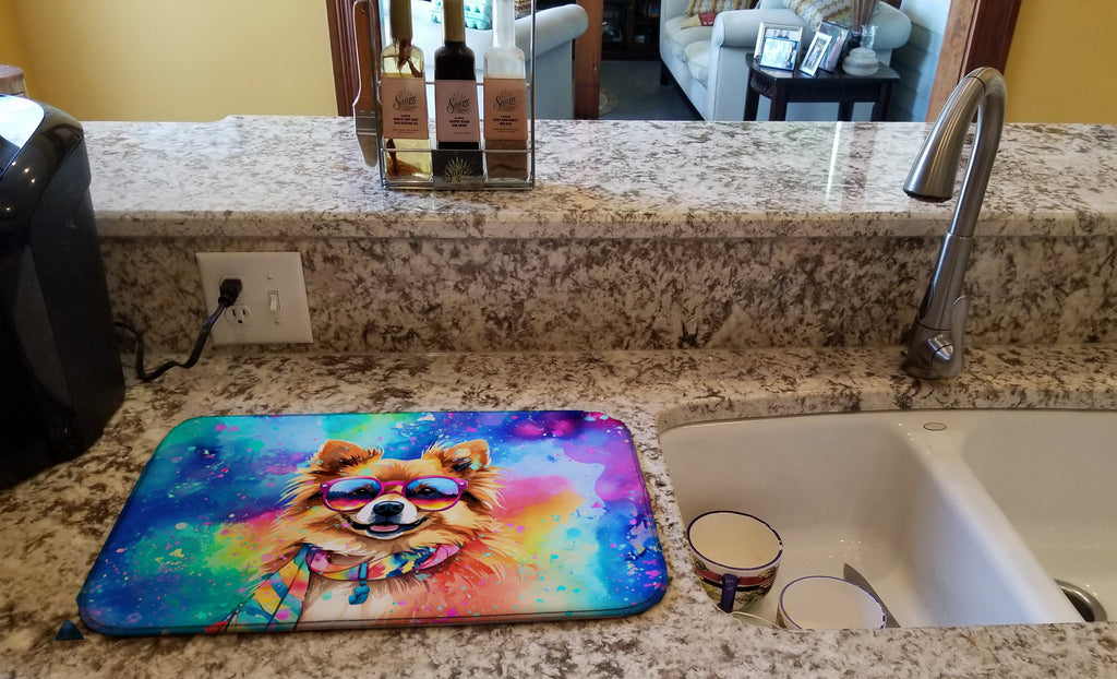 Pomeranian Hippie Dawg Dish Drying Mat Absorbent Dish Drying Mat Pad for Kitchen Counter Dish Drainer Mat for Countertop, 14 x 21", Multicolor