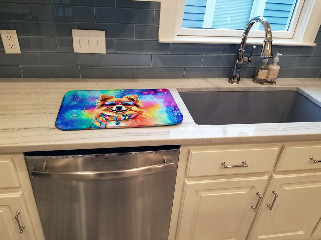 Pomeranian Hippie Dawg Dish Drying Mat Absorbent Dish Drying Mat Pad for Kitchen Counter Dish Drainer Mat for Countertop, 14 x 21", Multicolor