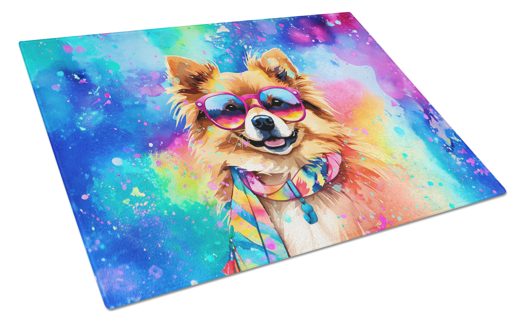Pomeranian Hippie Dawg Cutting Board Tempered Glass Kitchen Cutting Surface, Heat Resistant Chopping, Non-Slip Feet, Food Prep & Serving