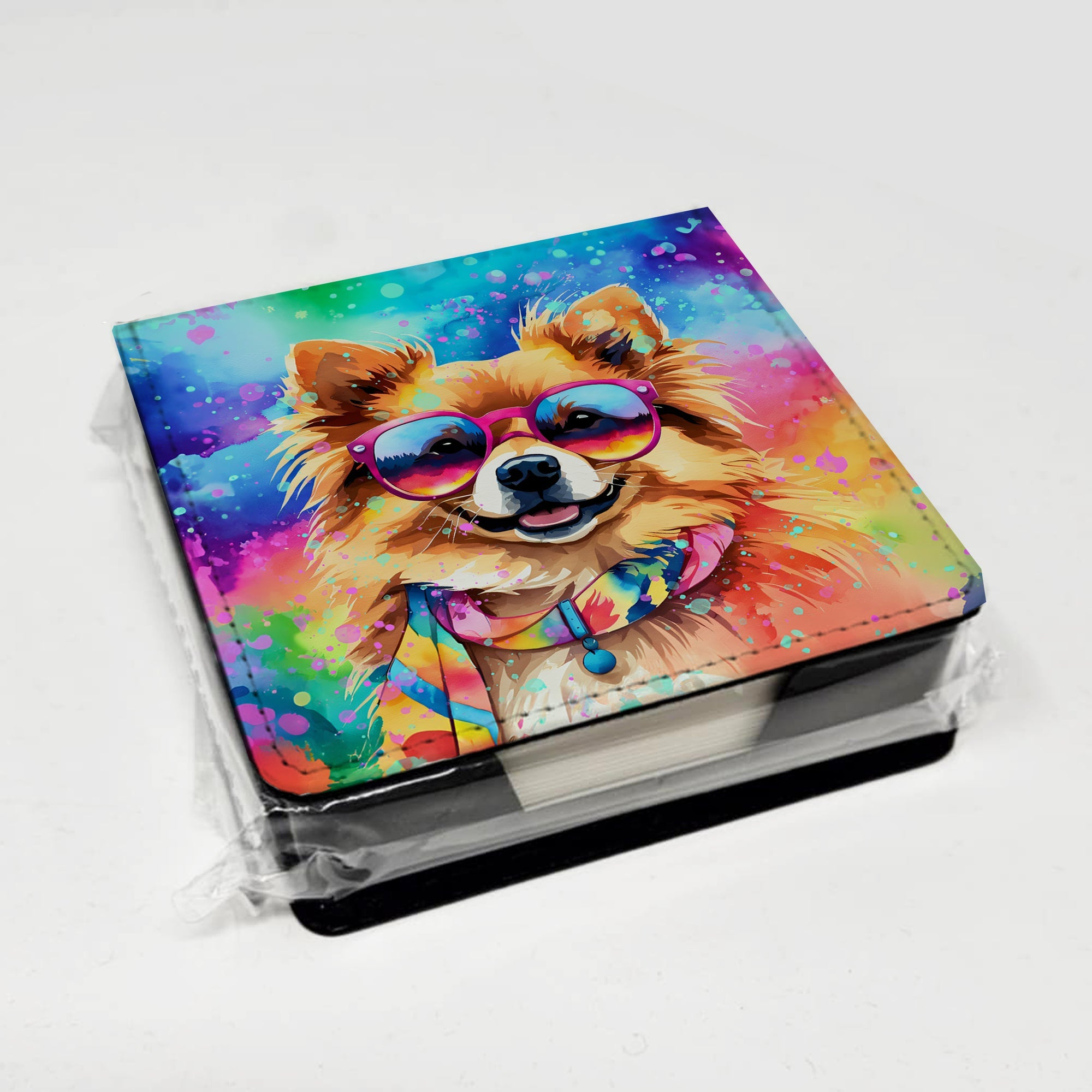 Pomeranian Hippie Dawg PU Leather Note Paper Holder with Artist-Designed Cover, Desk Accessory, Office Gift