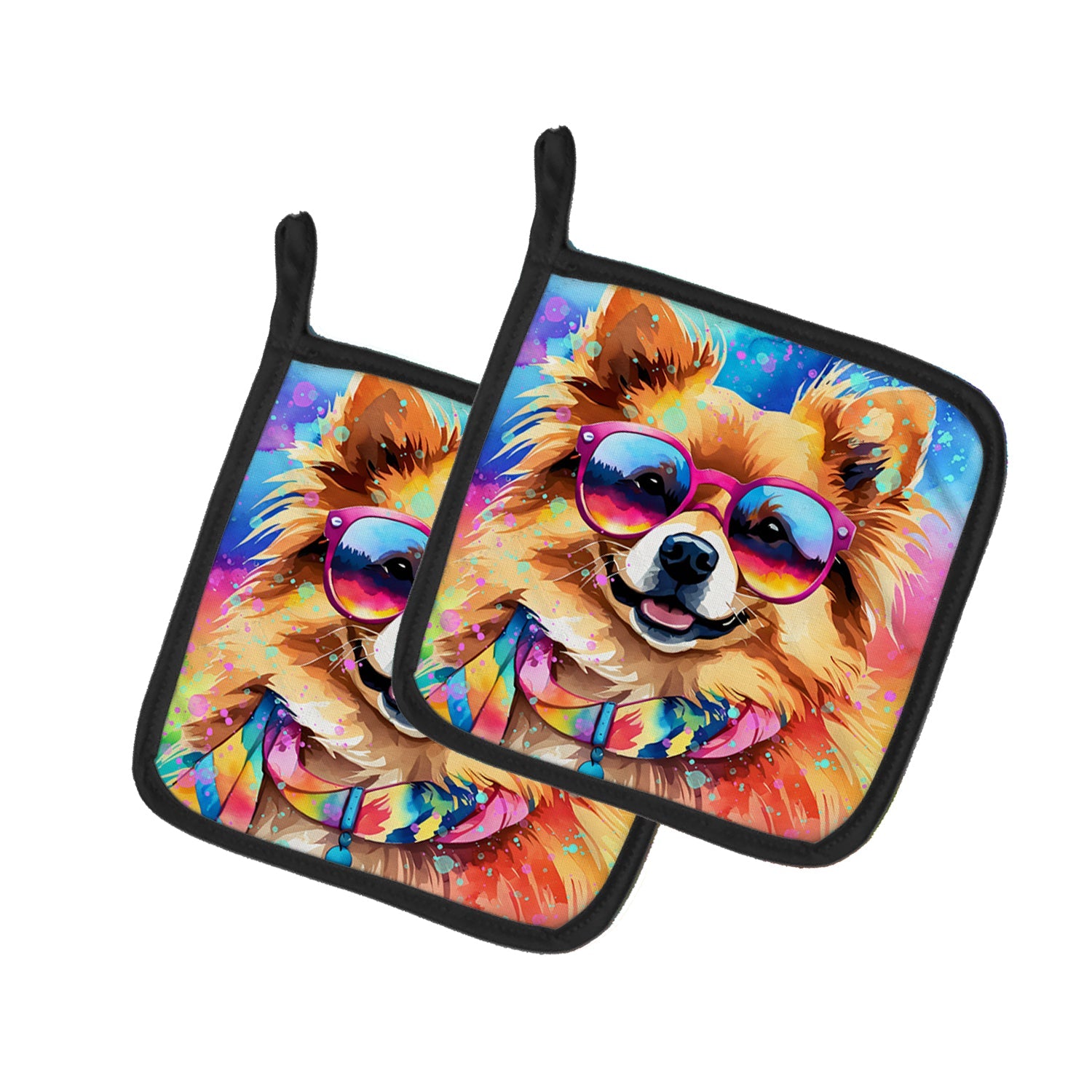 Pomeranian Hippie Dawg Pot Holder Set of 2 Heat Resistant Quilted Hot Pads 7.5 x 7.5 Inch, Insulated Kitchen Trivets for Cooking & Baking
