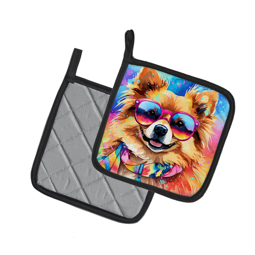 Pomeranian Hippie Dawg Pot Holder Set of 2 Heat Resistant Quilted Hot Pads 7.5 x 7.5 Inch, Insulated Kitchen Trivets for Cooking & Baking