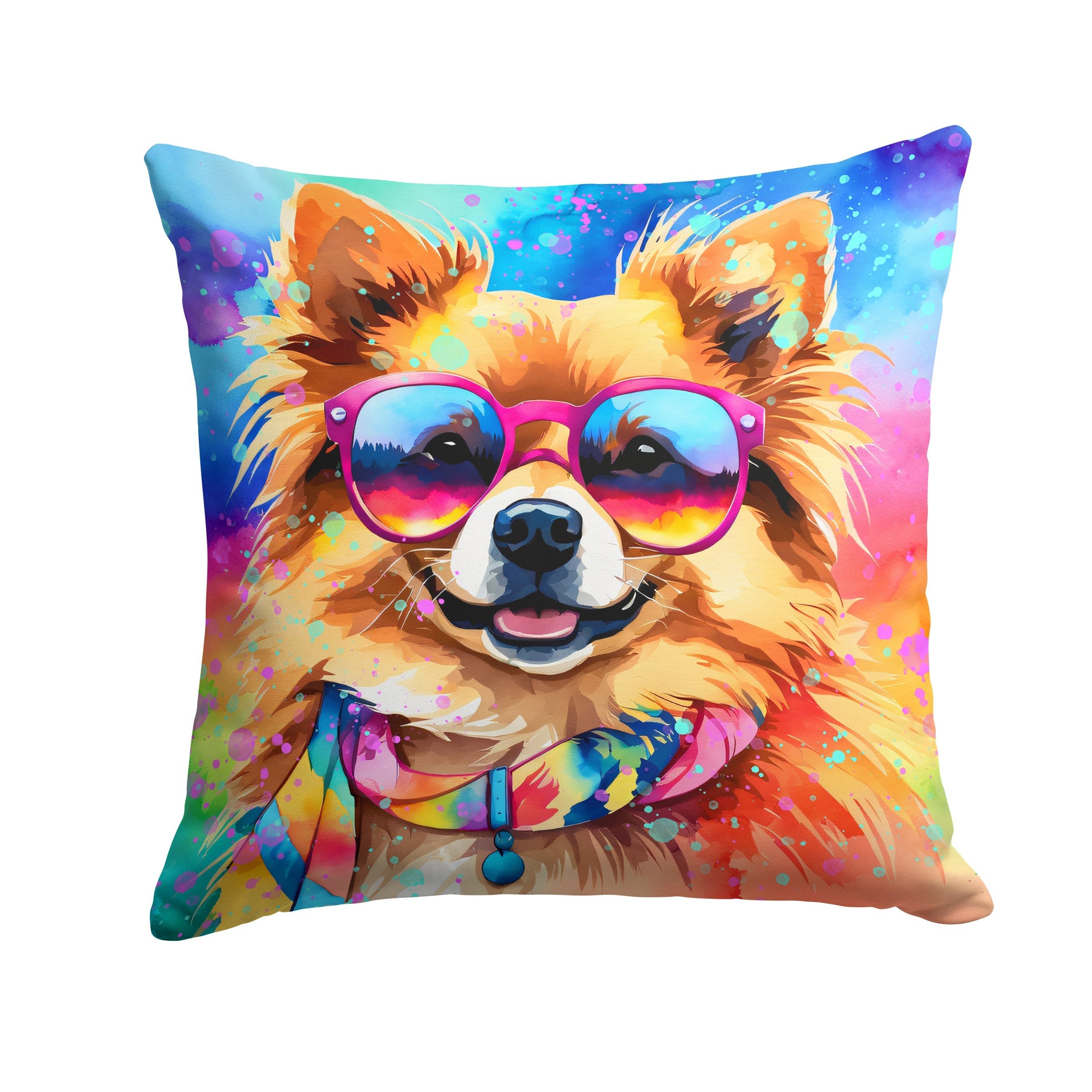Pomeranian Hippie Dawg Decorative Throw Pillow 14x14 Indoor Outdoor Accent Cushion, Fabric Cover with Insert for Sofa, Bed, Porch & Living Room