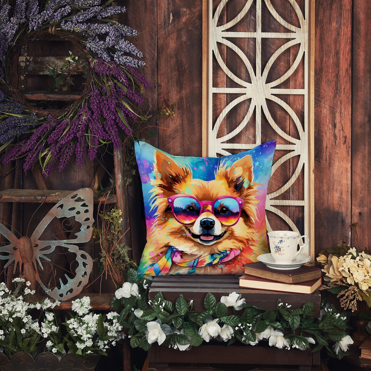 Pomeranian Hippie Dawg Decorative Throw Pillow 14x14 Indoor Outdoor Accent Cushion, Fabric Cover with Insert for Sofa, Bed, Porch & Living Room