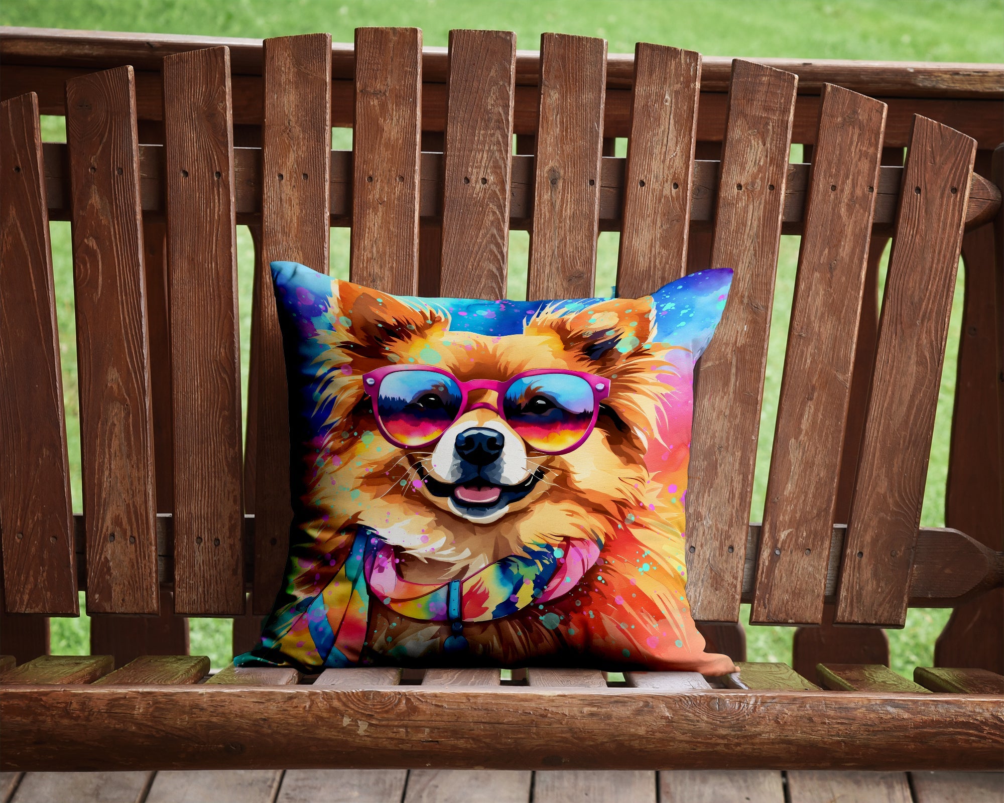Pomeranian Hippie Dawg Decorative Throw Pillow 14x14 Indoor Outdoor Accent Cushion, Fabric Cover with Insert for Sofa, Bed, Porch & Living Room
