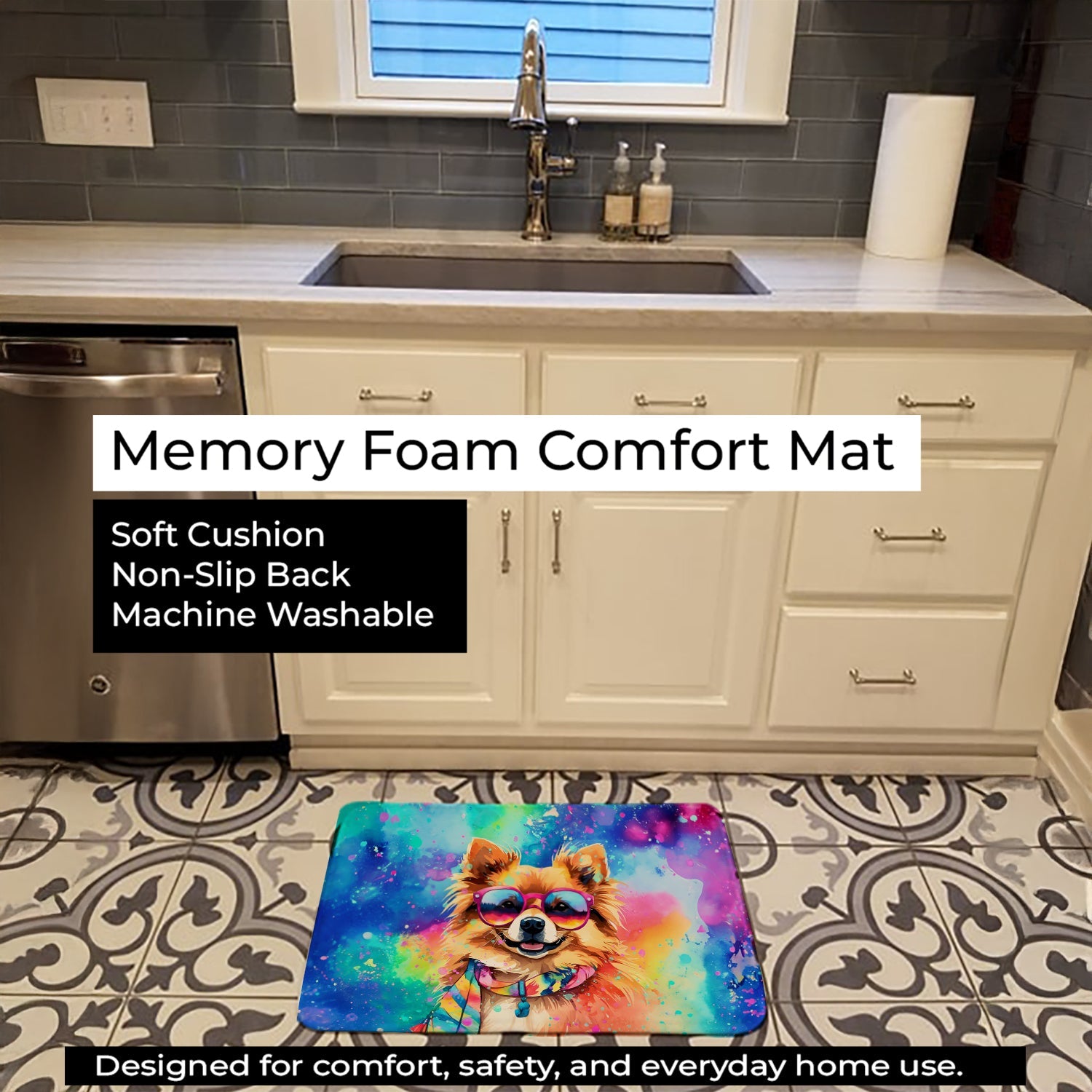 Pomeranian Hippie Dawg Memory Foam Kitchen Mat Machine Washable Anti-Fatigue Cushion Comfort Bath or Kitchen Rug
