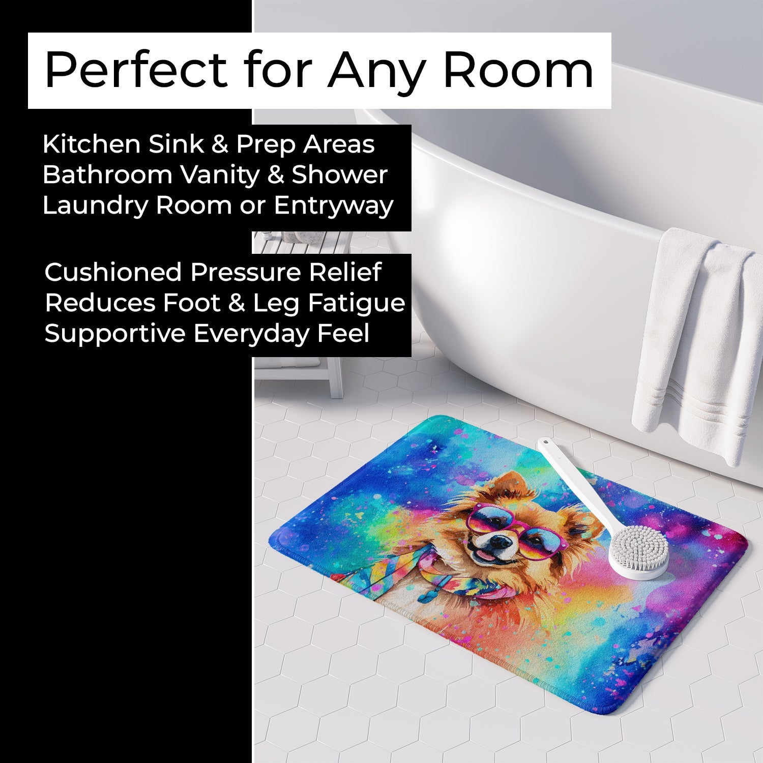 Pomeranian Hippie Dawg Memory Foam Kitchen Mat Machine Washable Anti-Fatigue Cushion Comfort Bath or Kitchen Rug