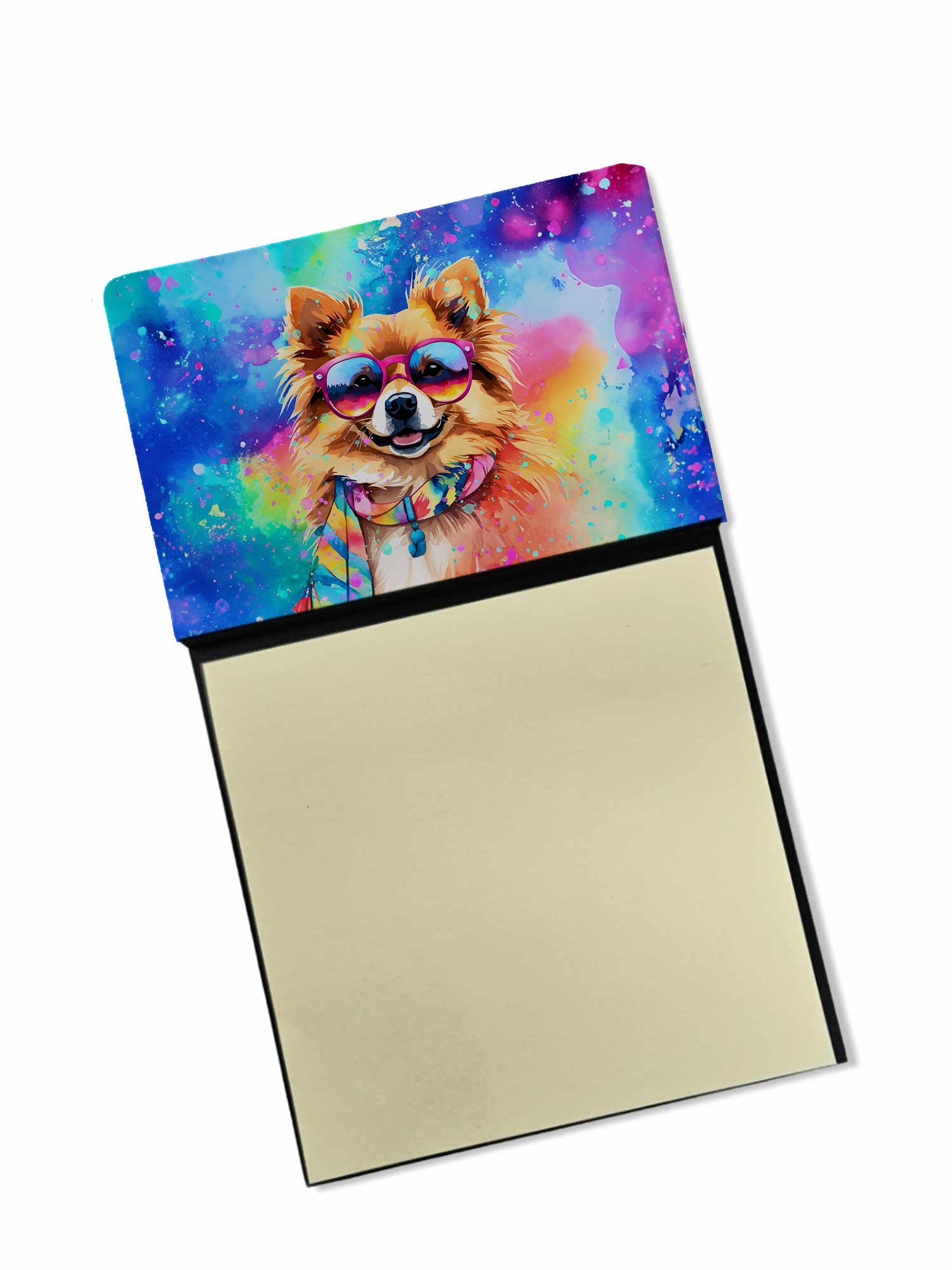 Pomeranian Hippie Dawg Watercolor Sticky Note Holder Refillable Dispenser Desk Accessory 3x3 Pad Gift
