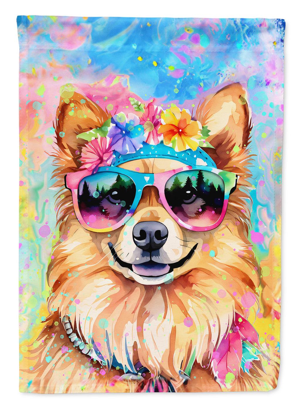 Pomeranian Hippie Dawg House Flag 28x40 Porch Sleeve Pole Decorative Outside Yard Banner Artwork Wall Hanging, Polyester