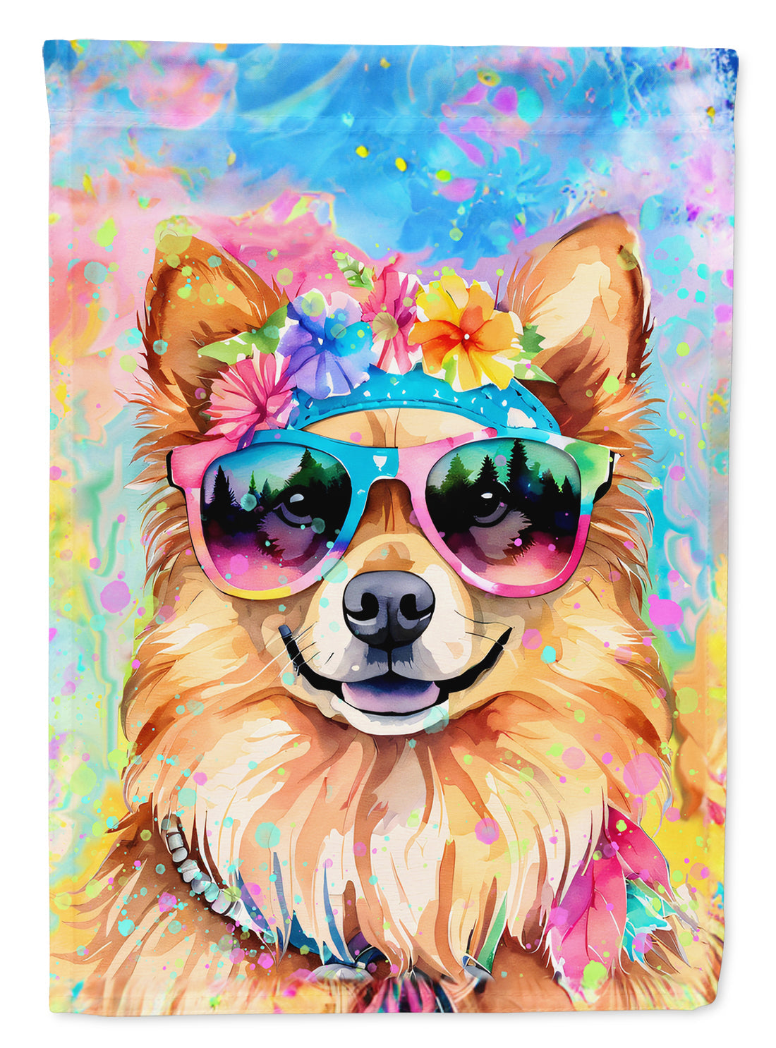 Pomeranian Hippie Dawg House Flag 28x40 Porch Sleeve Pole Decorative Outside Yard Banner Artwork Wall Hanging, Polyester