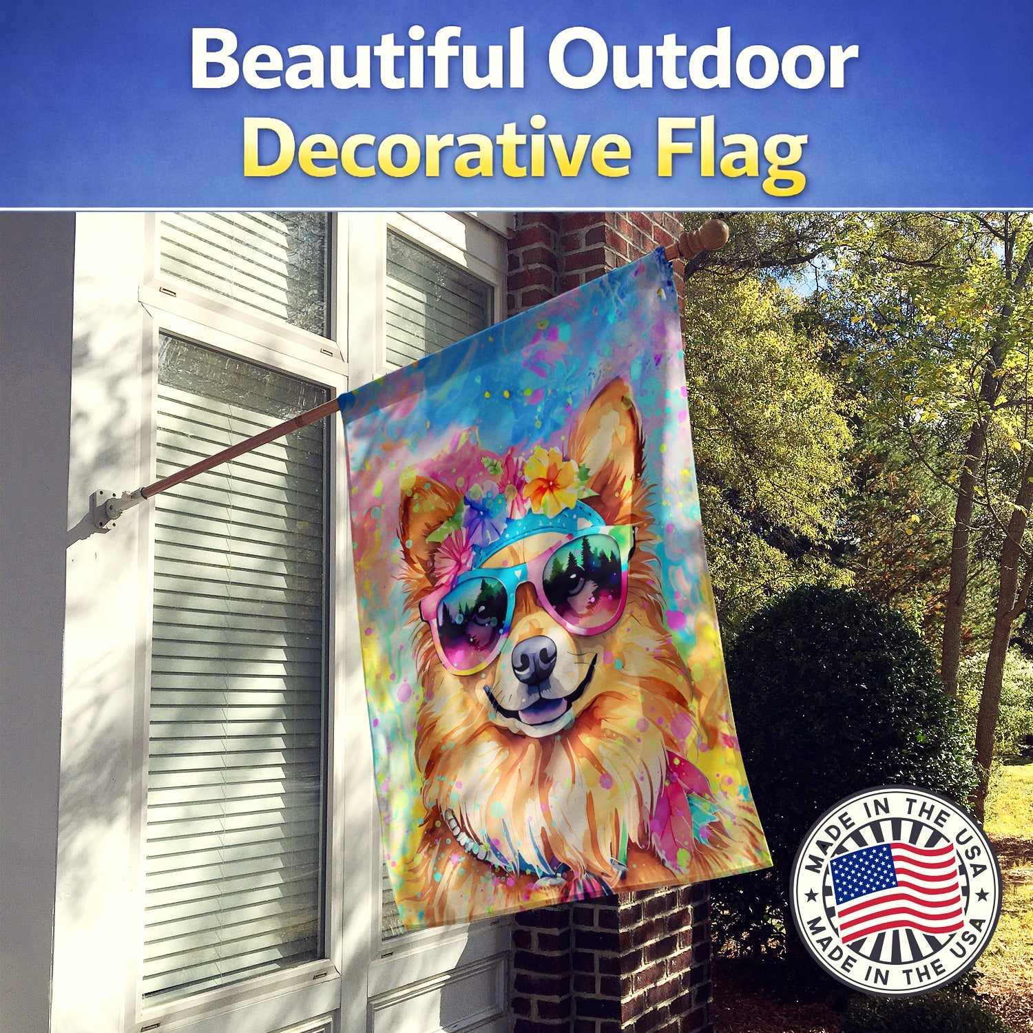 Pomeranian Hippie Dawg House Flag 28x40 Porch Sleeve Pole Decorative Outside Yard Banner Artwork Wall Hanging, Polyester